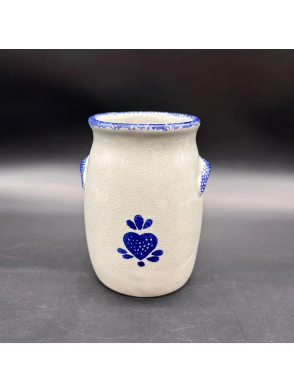 Vintage Crock Gray Blue Heart Utensil Holder Vase Country Cottage 1990s Ceramic